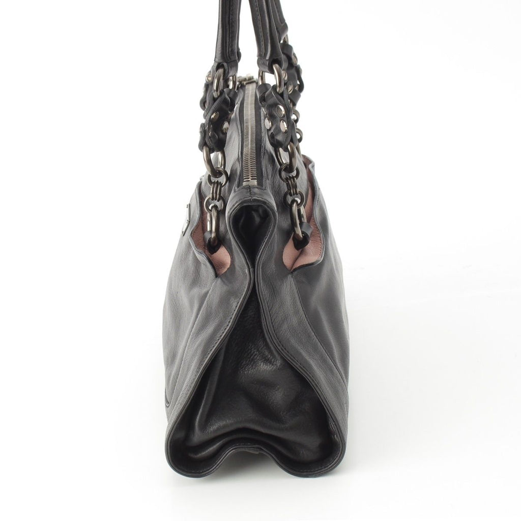 Prada Leather Triangle Logo Handbag Black Pink — view 4