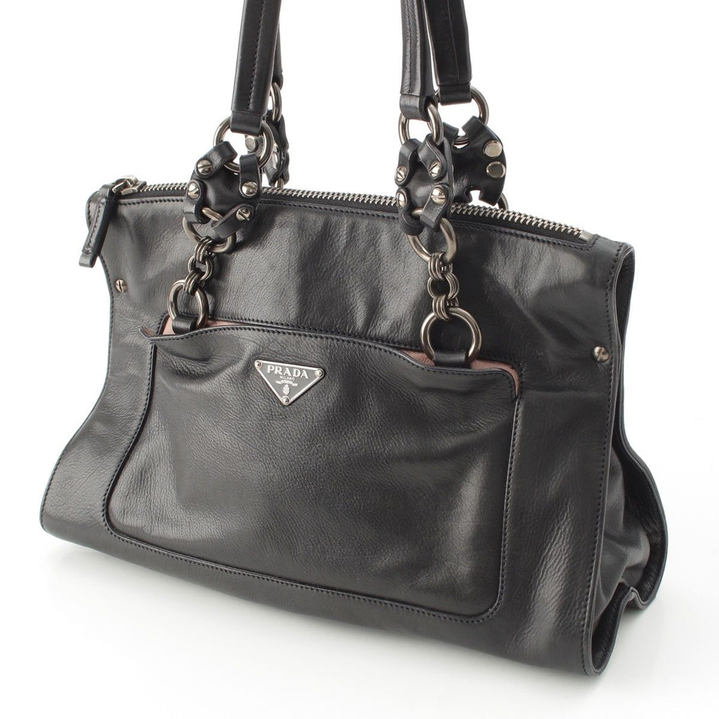 Prada Leather Triangle Logo Handbag Black Pink — view 3