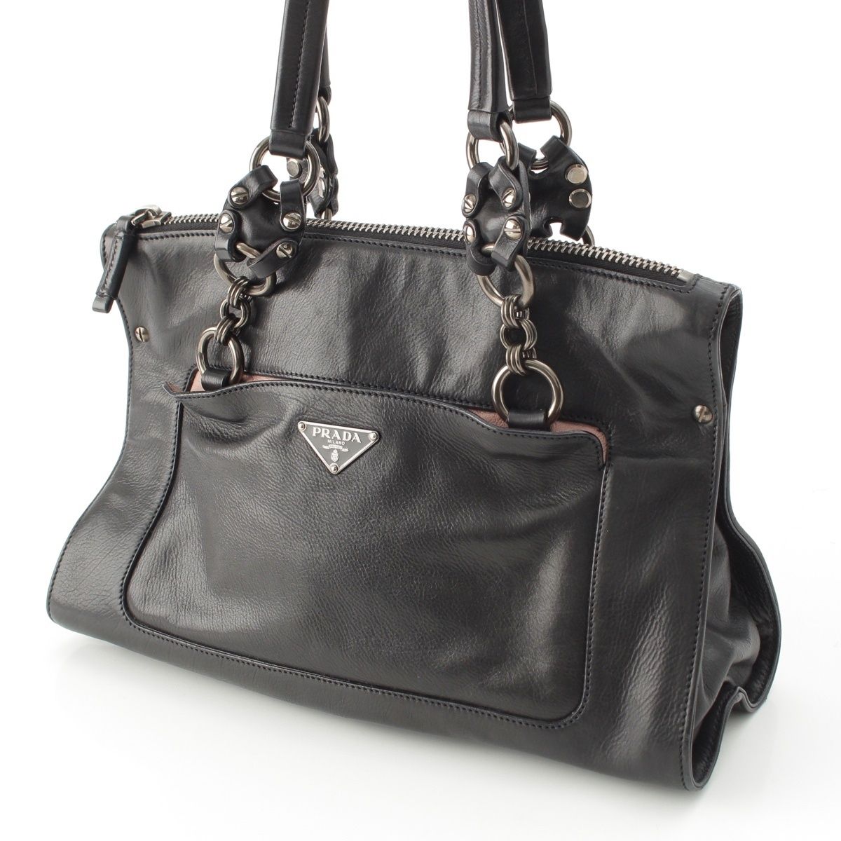 Prada Leather Triangle Logo Handbag Black Pink — view 3