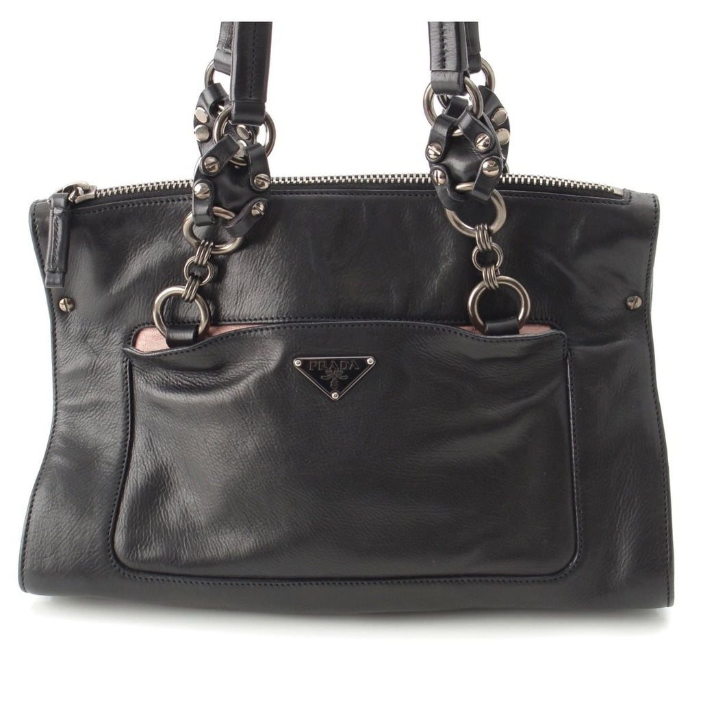 Prada Leather Triangle Logo Handbag Black Pink — view 2