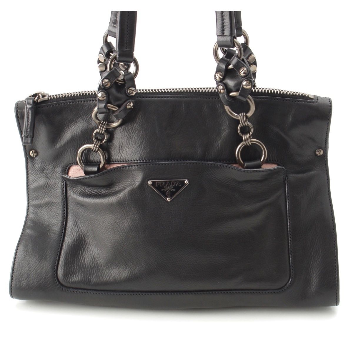Prada Leather Triangle Logo Handbag Black Pink — view 2