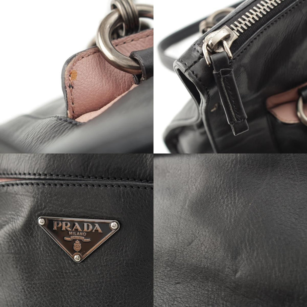 Prada Leather Triangle Logo Handbag Black Pink — view 9