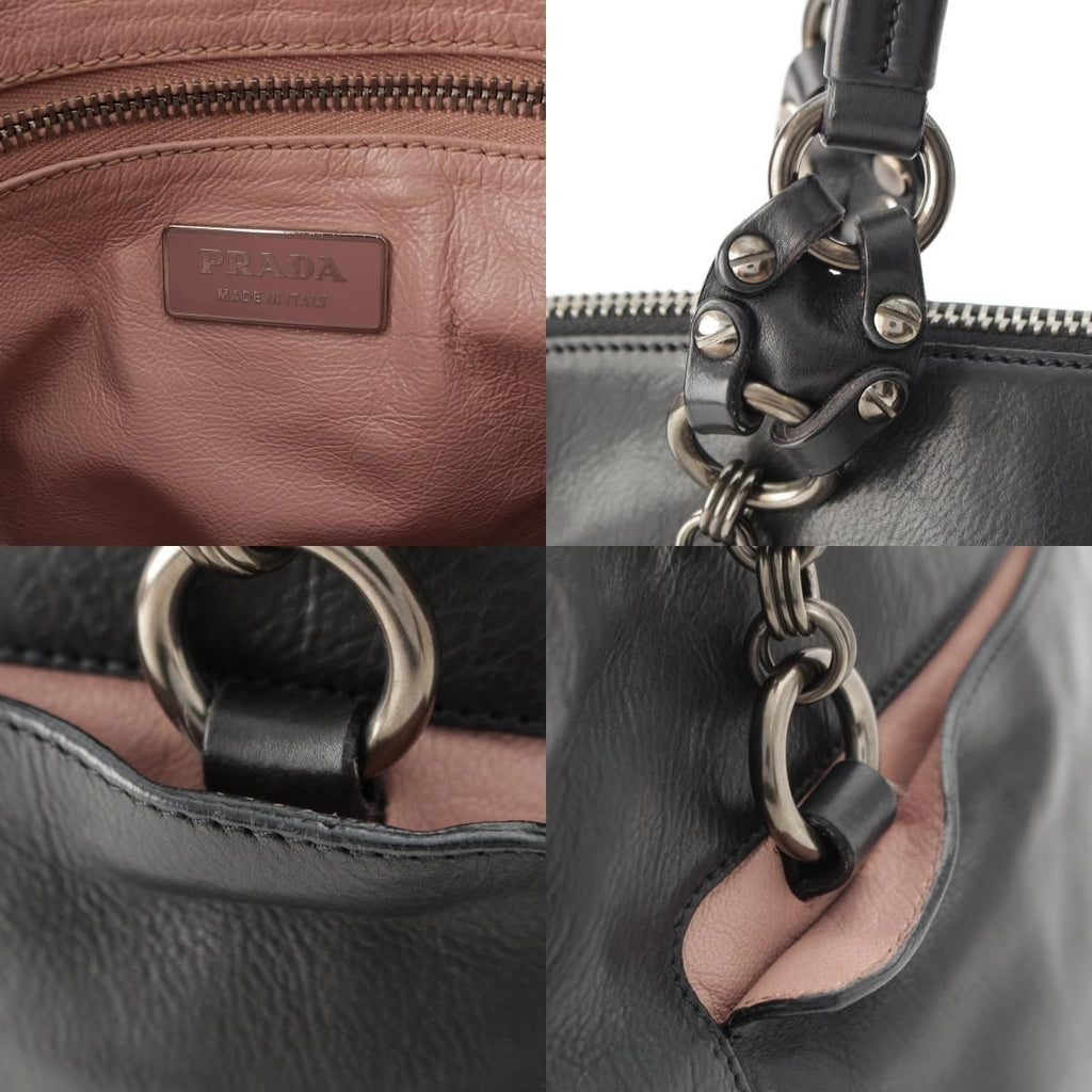 Prada Leather Triangle Logo Handbag Black Pink — view 8