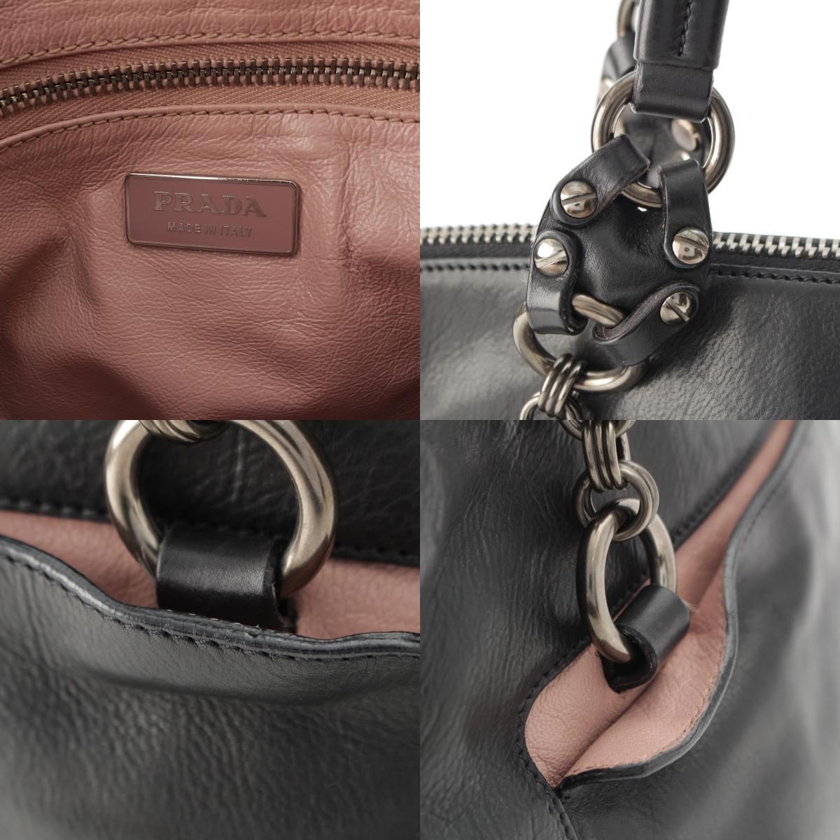 Prada Leather Triangle Logo Handbag Black Pink — view 8