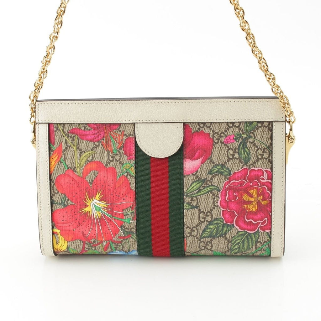 Gucci GG Floras Mall Ophidia Leather Chain Shoulder Bag Floral Pattern White — view 4