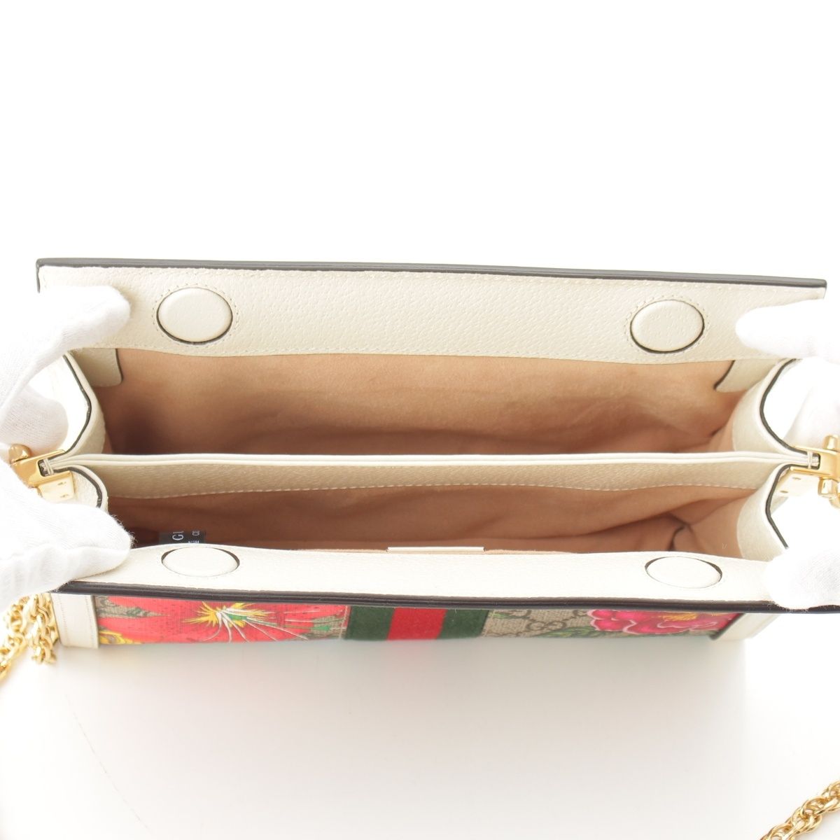 Gucci GG Floras Mall Ophidia Leather Chain Shoulder Bag Floral Pattern White — view 6