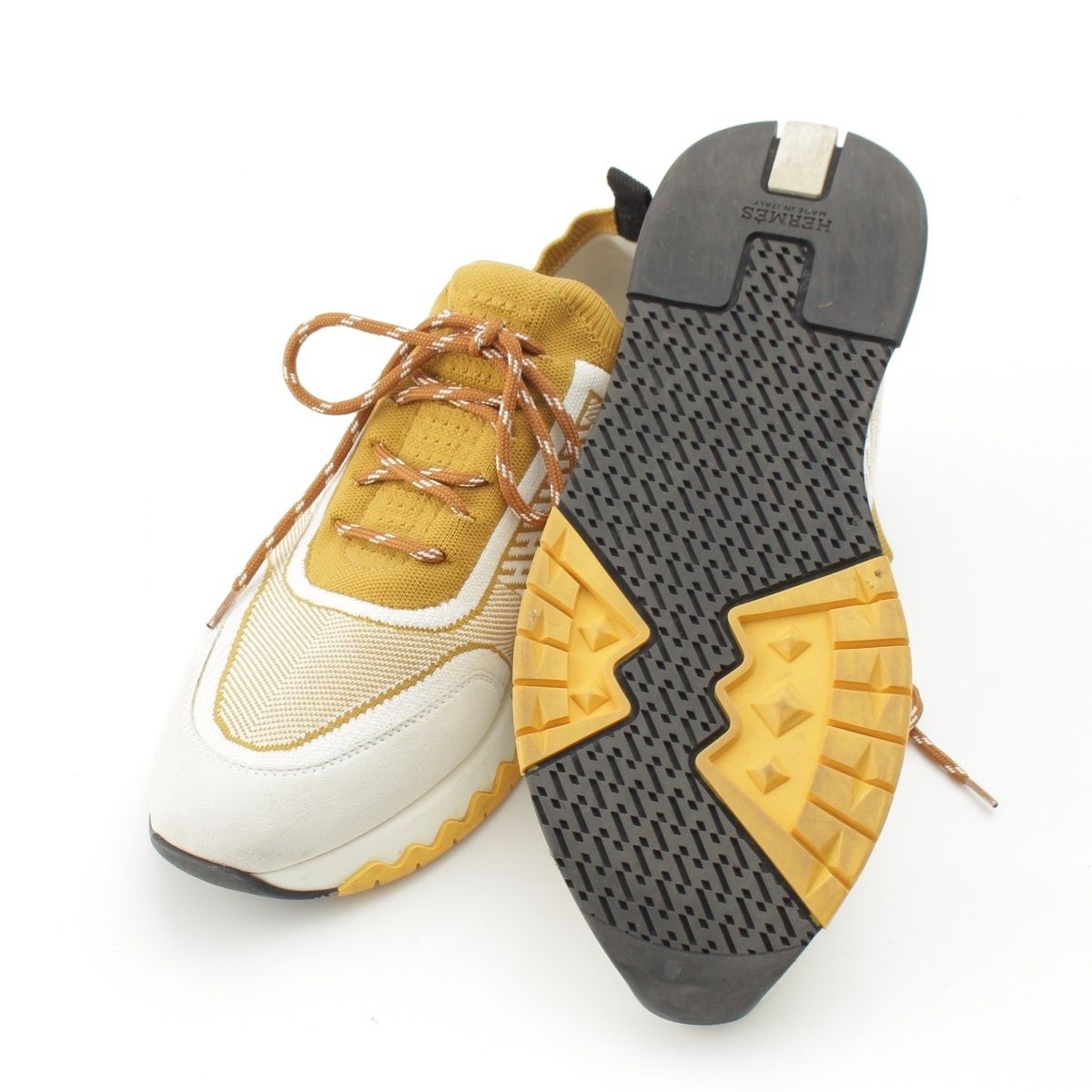 Hermes Addict Knit Leather Sneakers Yellow — view 5