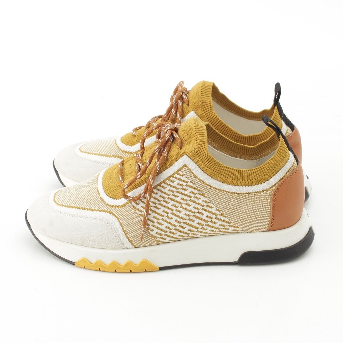 Hermes Addict Knit Leather Sneakers Yellow — view 3