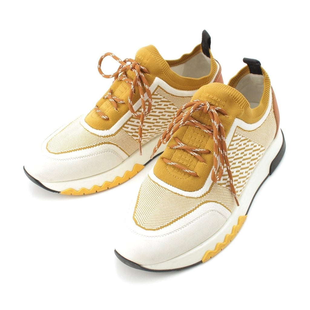 Hermes Addict Knit Leather Sneakers Yellow