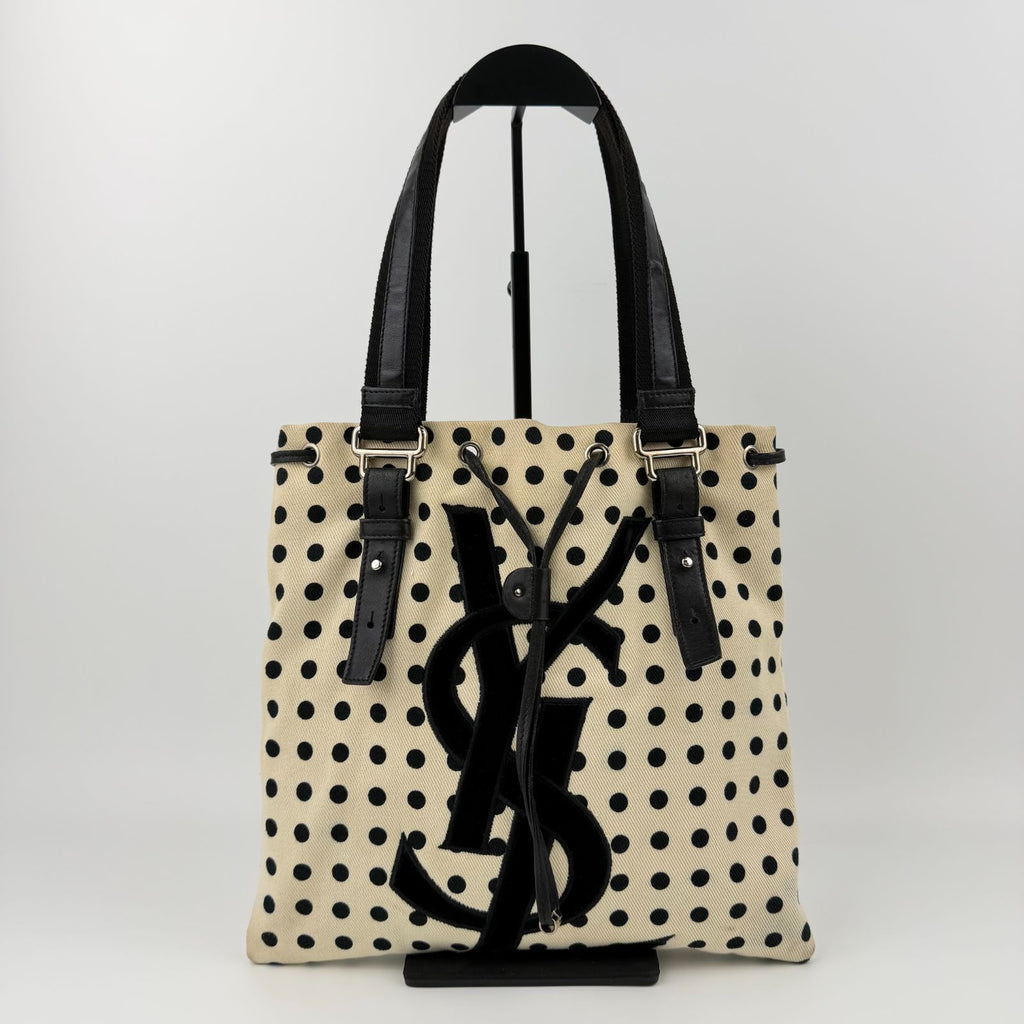 Saint Laurent Cassandra Logo Dot Pattern Handbag Canvas Leather Ivory Black — view 2