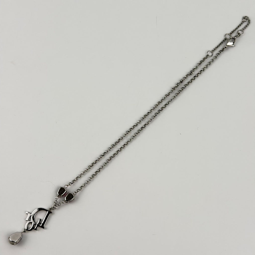 Dior Logo Necklace Plated Rhinestone Silver Pink Vintage — view 3