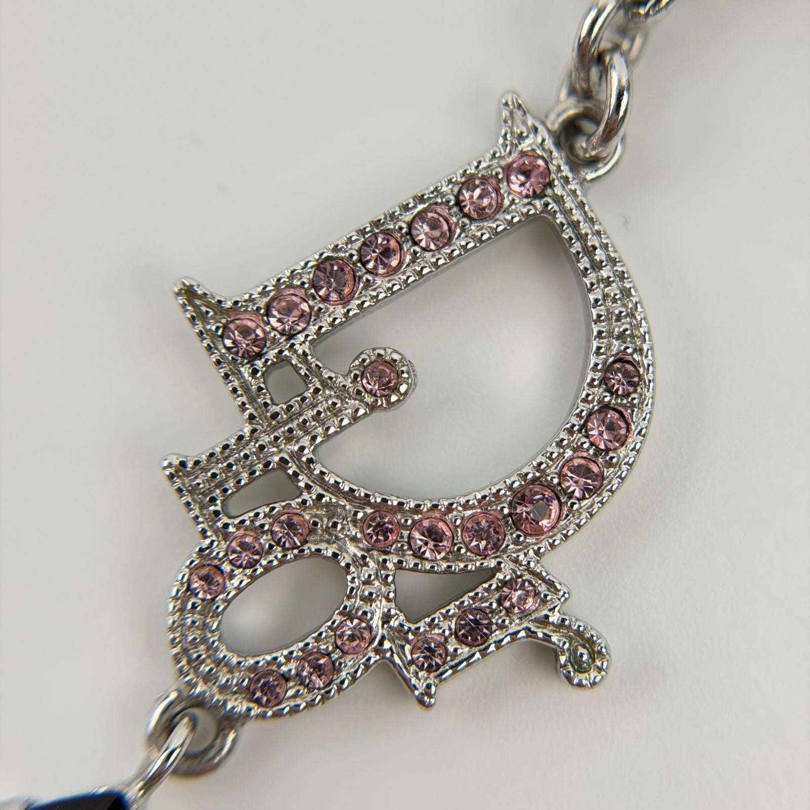 Dior Logo Necklace Plated Rhinestone Silver Pink Vintage — view 8