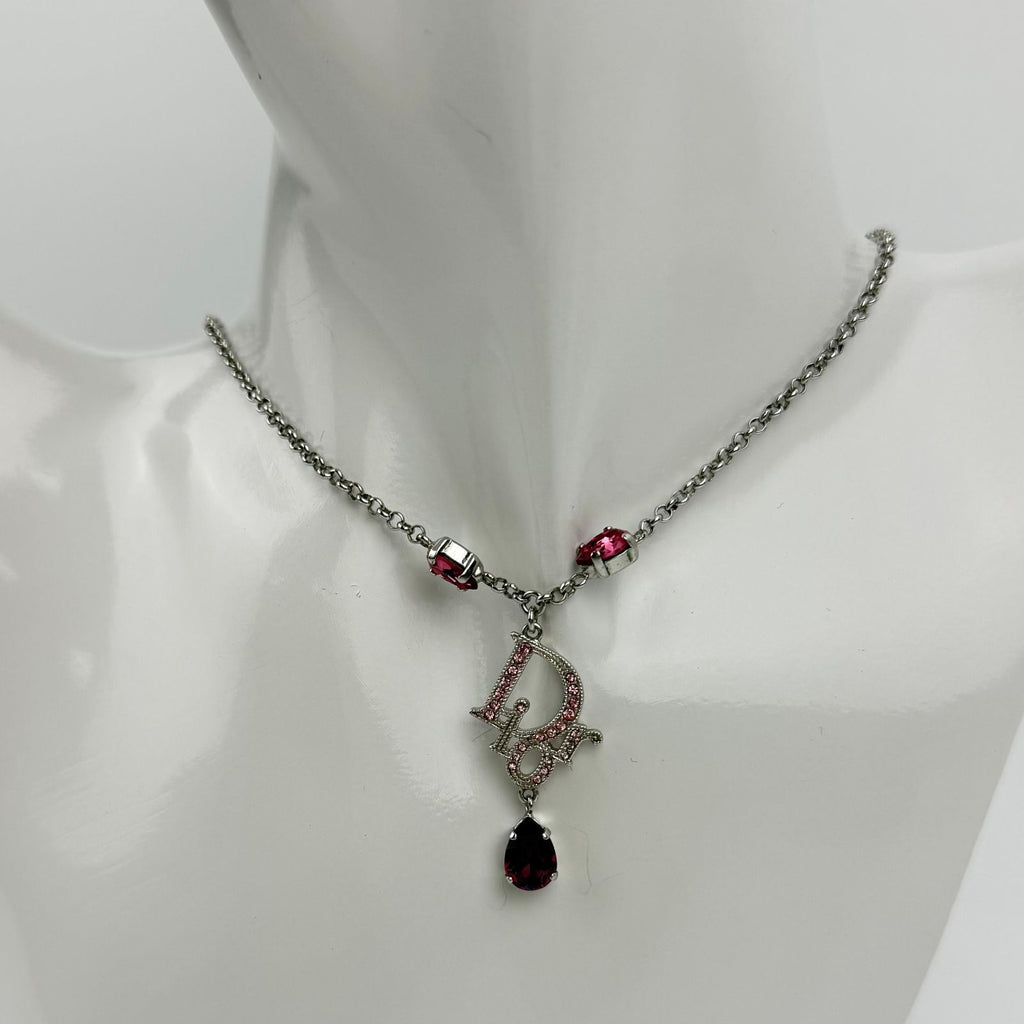 Dior Logo Necklace Plated Rhinestone Silver Pink Vintage