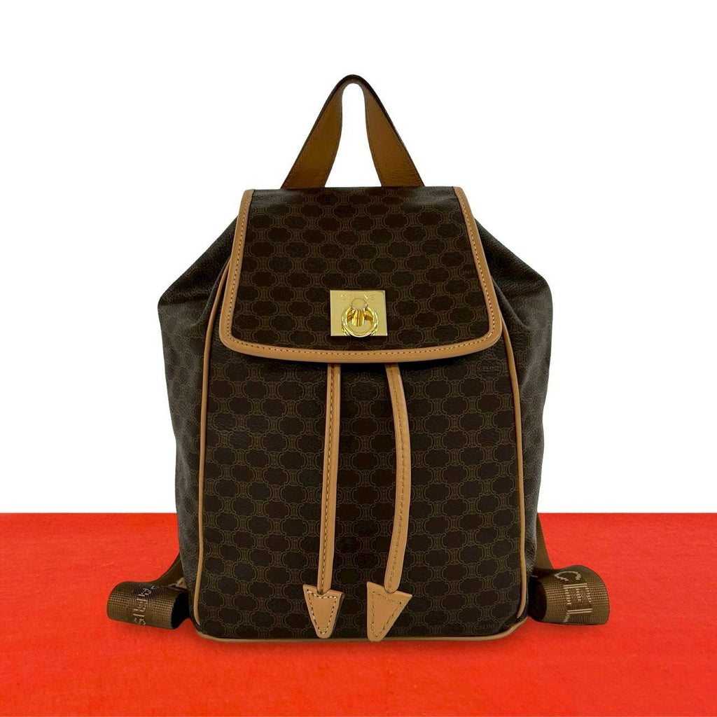 Celine Macadam Blason Triomphe Logo Pattern Ring Leather Backpack Brown