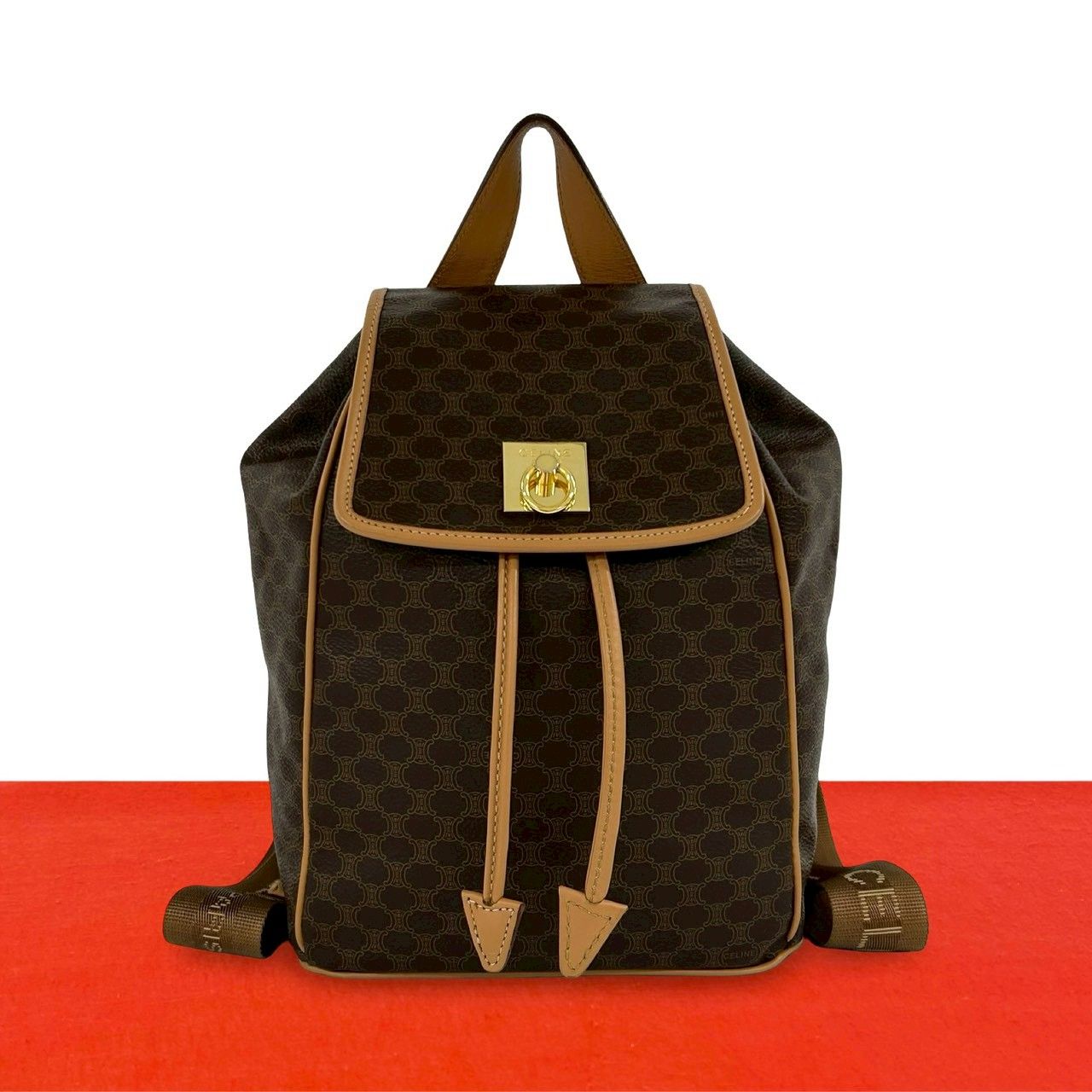 Celine Macadam Blason Triomphe Logo Pattern Ring Leather Backpack Brown