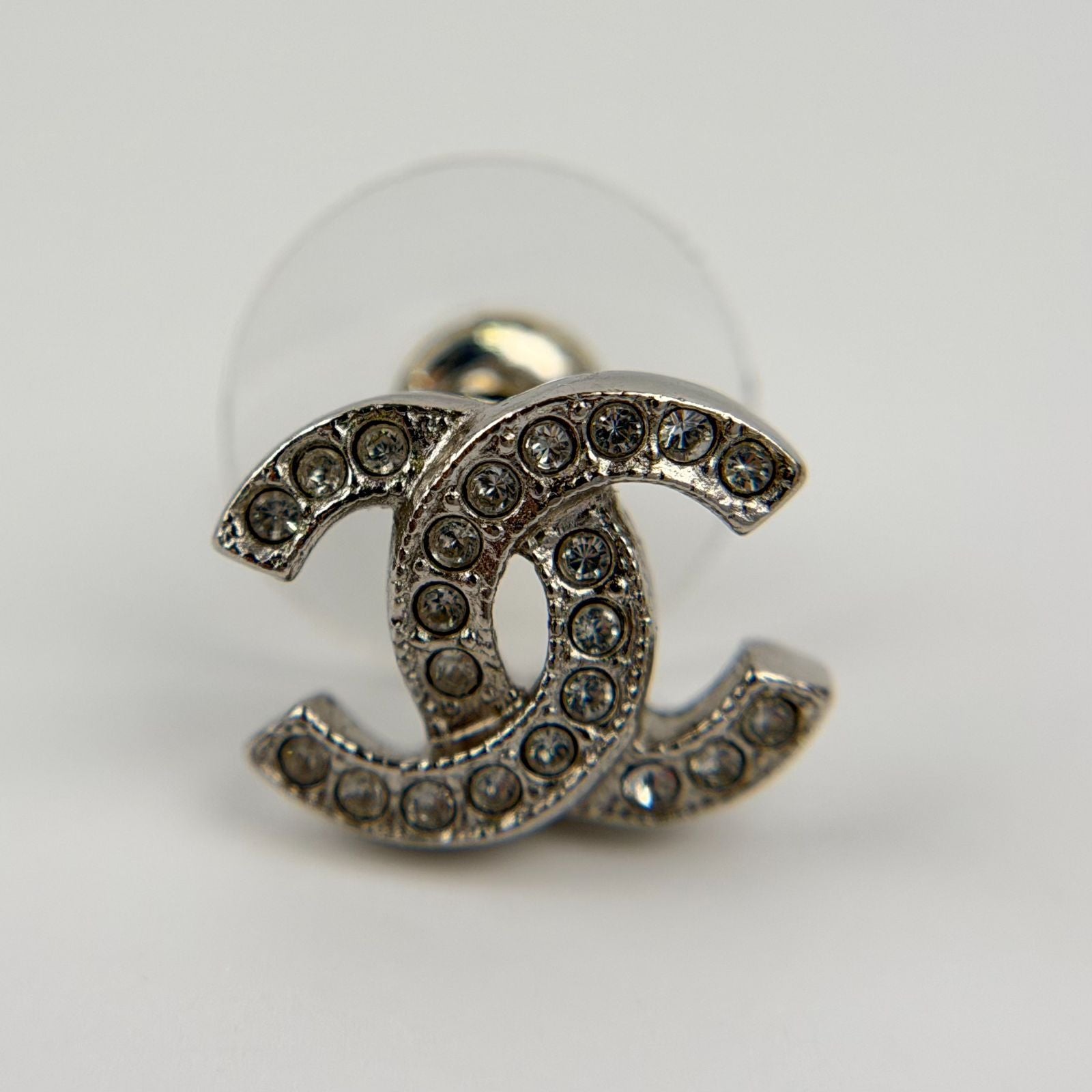 Chanel CC Logo Single Pierced Earrings Plated Rhinestone Silver Vintage — view 3