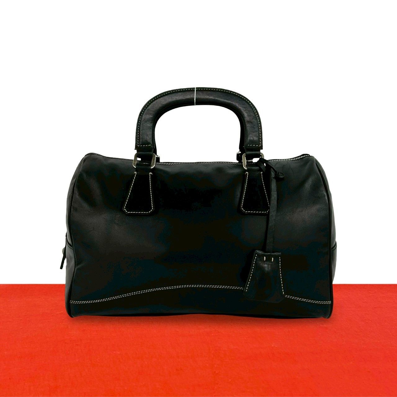 Prada Cadena Key Log Stitch Leather Mini Boston Bag Black