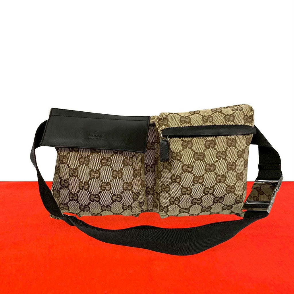 Gucci GG Pattern Canvas Log Leather Belt Bag Waist Pouch Brown