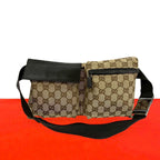 Gucci GG Pattern Canvas Log Leather Belt Bag Waist Pouch Brown