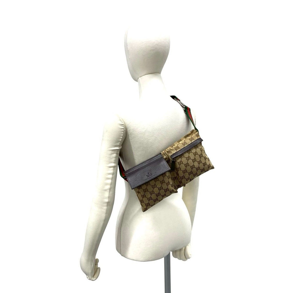 Gucci GG Pattern Canvas Log Leather Belt Bag Waist Pouch Brown — view 2