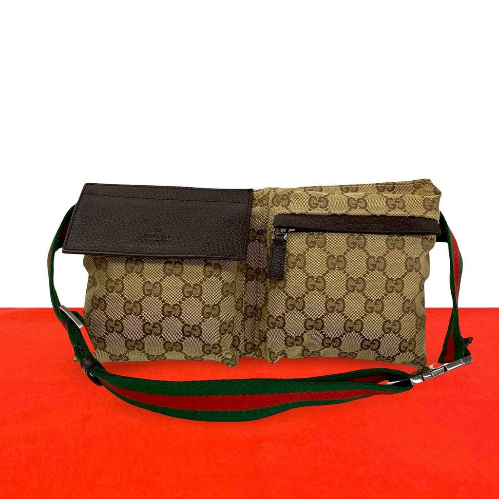 Gucci Sherry Line GG Pattern Canvas Leather Belt Bag Waist Pouch Brown