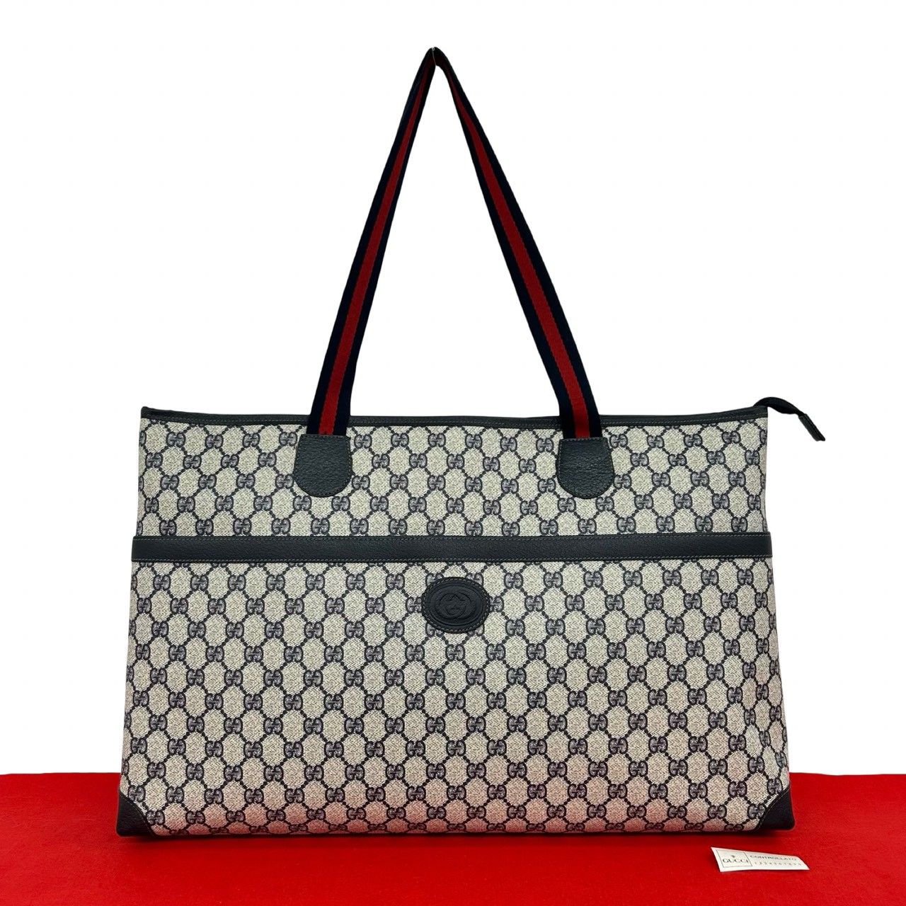 Gucci Vintage Sherry Line GG Logo Pattern Leather Tote Navy