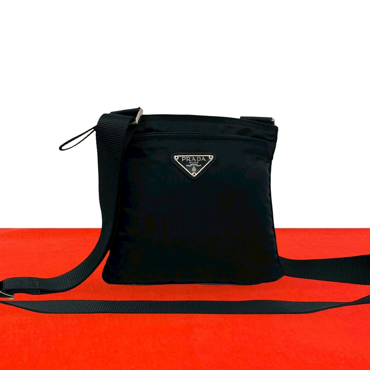 Prada Triangle Logo Plate Tessuto Nylon Mini Shoulder Bag Pochette Black