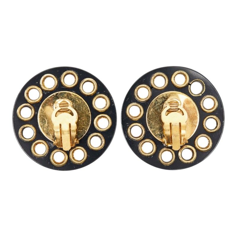 Chanel CC Logo Vintage Round Earrings 28 Gold Black Plated Plastic — view 3