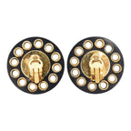 Chanel CC Logo Vintage Round Earrings 28 Gold Black Plated Plastic — view 3