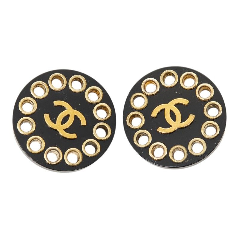 Chanel CC Logo Vintage Round Earrings 28 Gold Black Plated Plastic — view 2