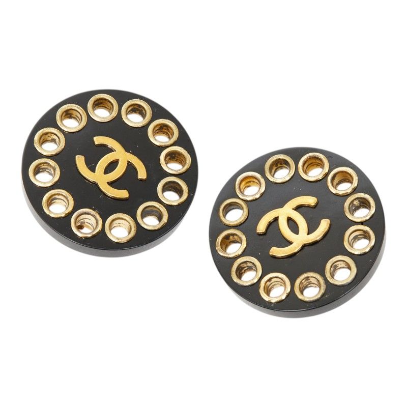 Chanel CC Logo Vintage Round Earrings 28 Gold Black Plated Plastic