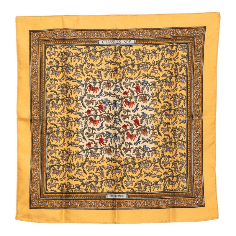 Hermes Carre 45 Chasse en Inde Indian Hunting Scarf Yellow Multicolor Silk