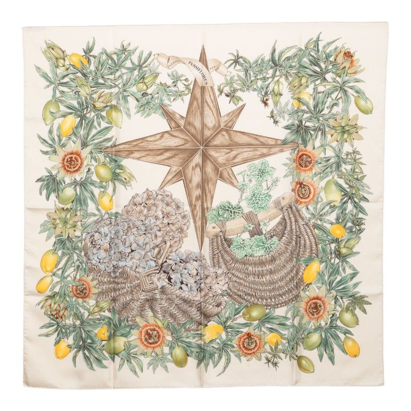 Hermes Carre 90 Passiflores Passion Flower Scarf Large White Multicolor Silk