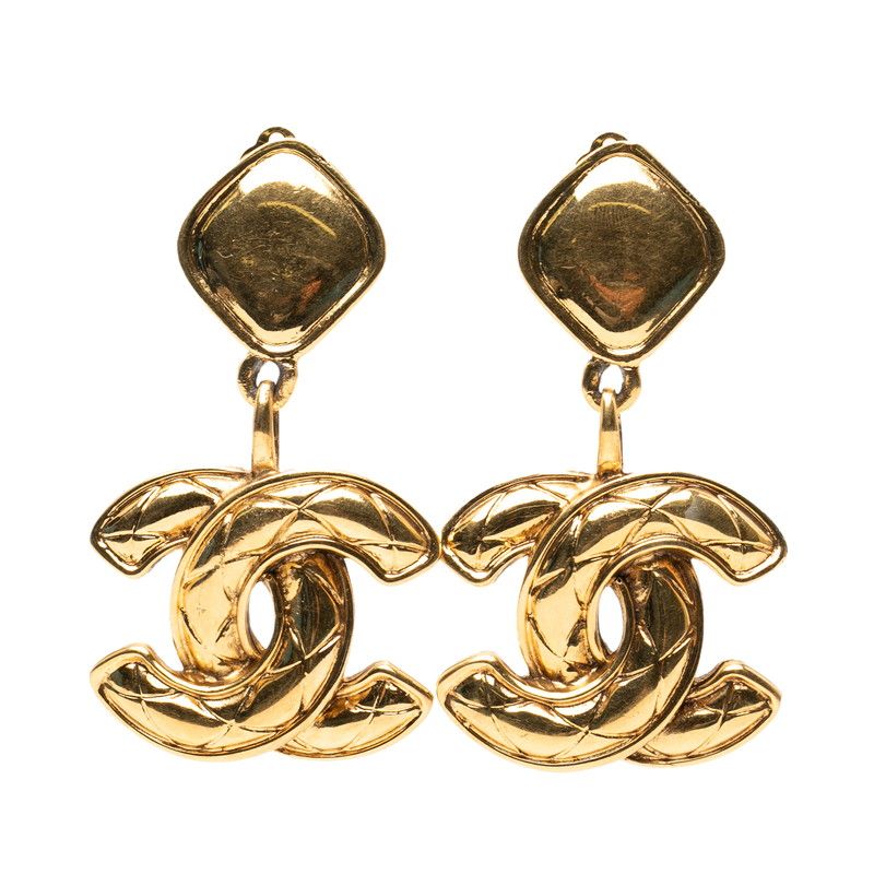 Chanel Vintage Quilted CC Logo Earrings Gold Plated
