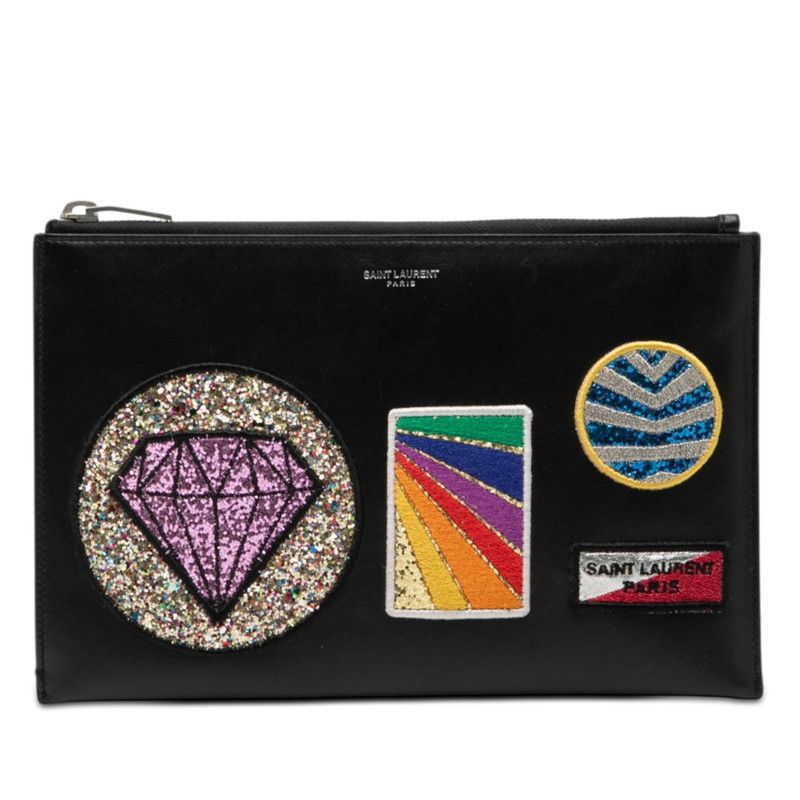 Saint Laurent Glitter Patch Clutch Black Multicolor Leather