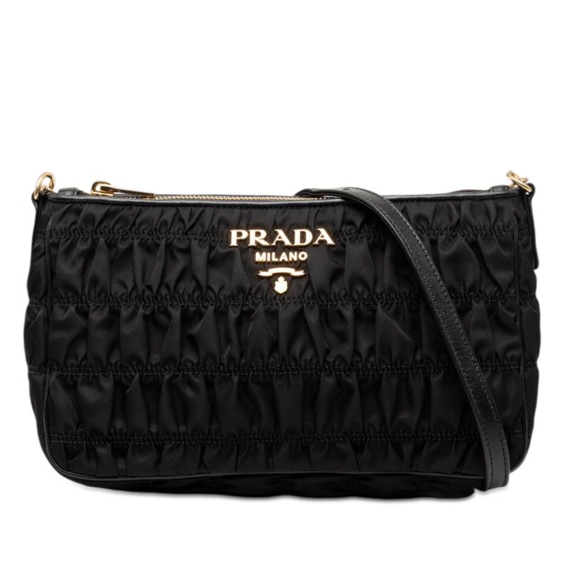 Prada Chain Gather Shoulder Bag Black Nylon Leather