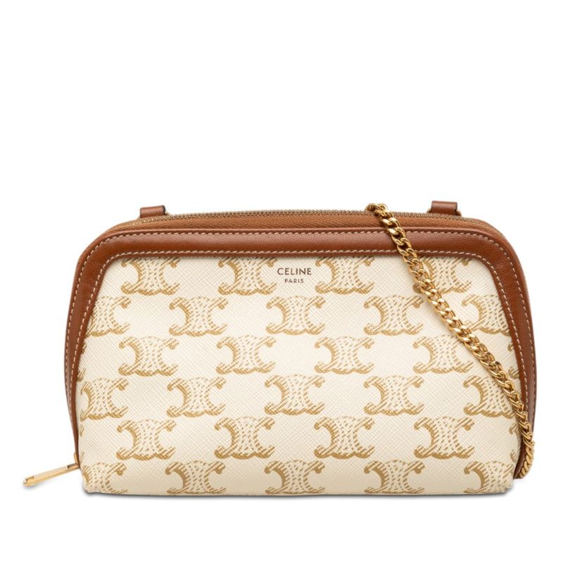 Celine Triomphe Chain Clutch Shoulder Bag White Brown Leather