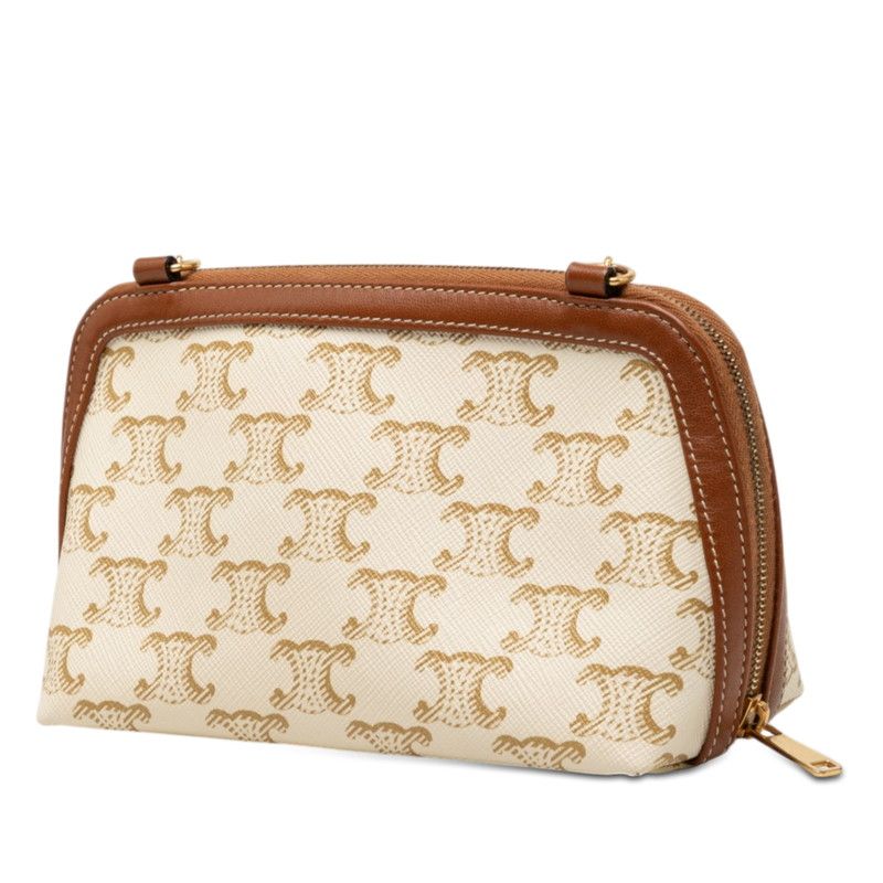 Celine Triomphe Chain Clutch Shoulder Bag White Brown Leather — view 2