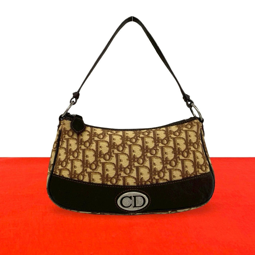 Dior Vintage Trotter Pattern CD Logo Canvas Leather Handbag Brown