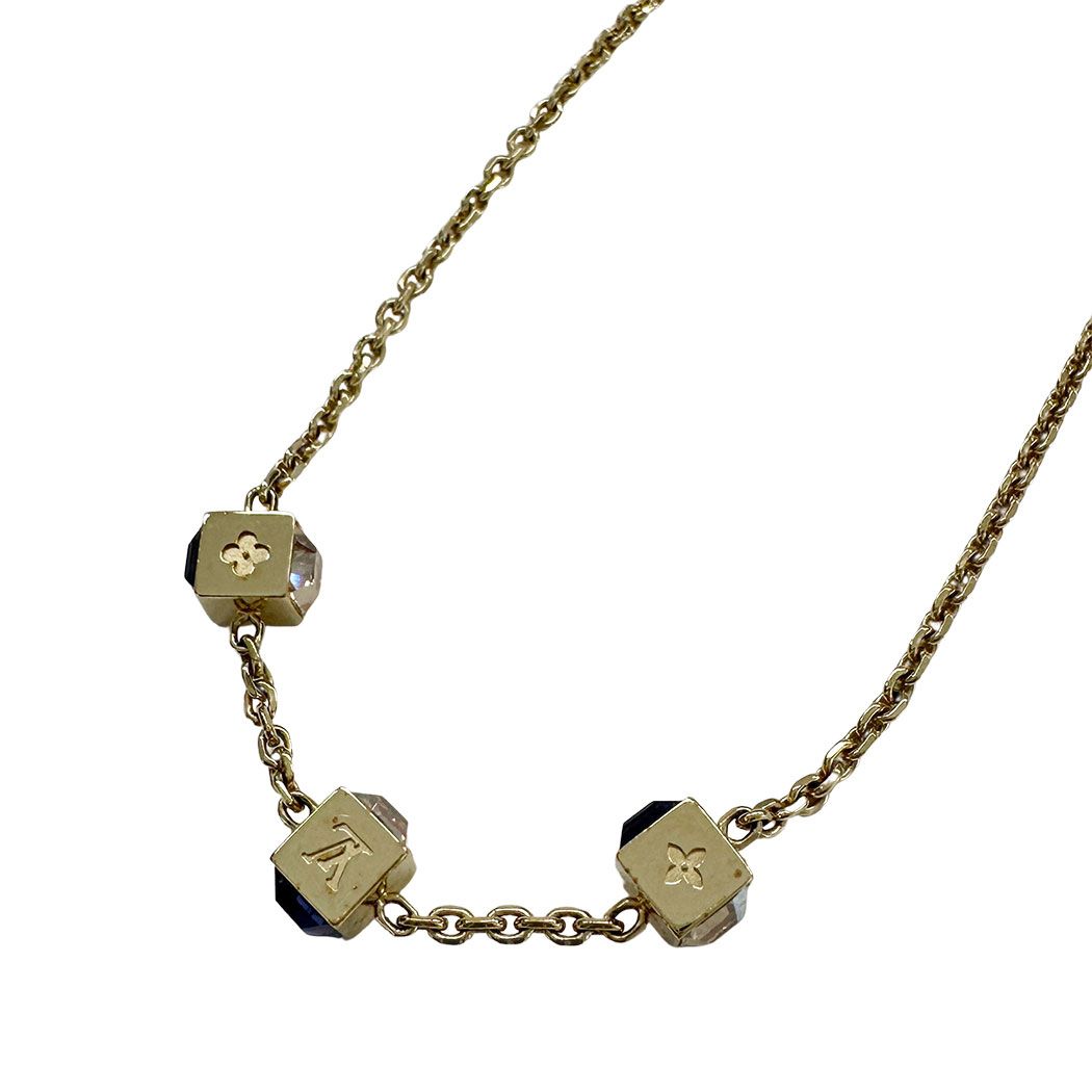 Louis Vuitton Necklace Collier Gamble Gold Blue Stone Cube Simple