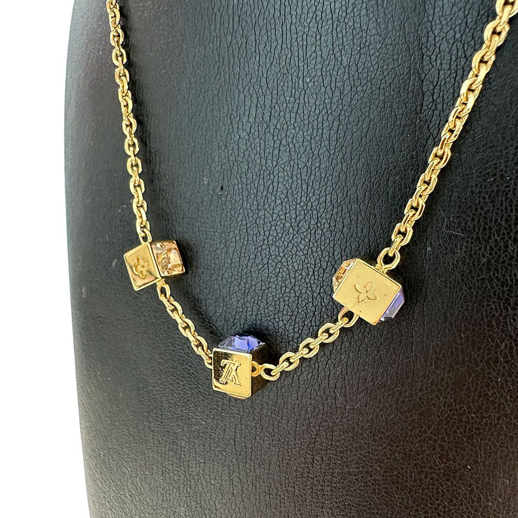Louis Vuitton Necklace Collier Gamble Gold Blue Stone Cube Simple — view 7