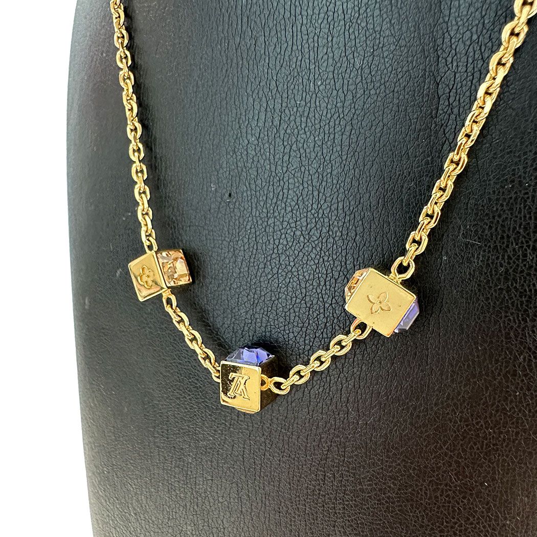 Louis Vuitton Necklace Collier Gamble Gold Blue Stone Cube Simple — view 7