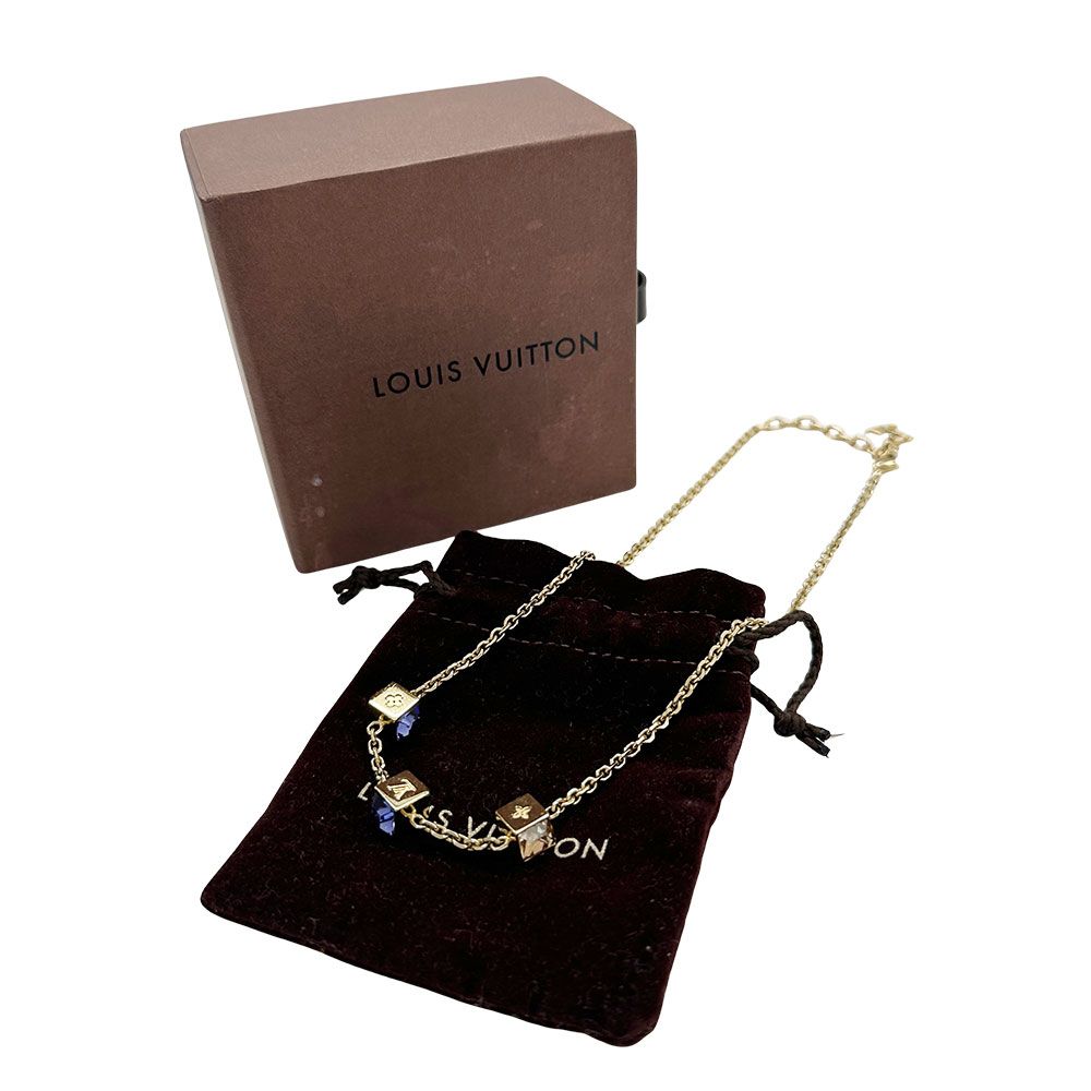 Louis Vuitton Necklace Collier Gamble Gold Blue Stone Cube Simple — view 8
