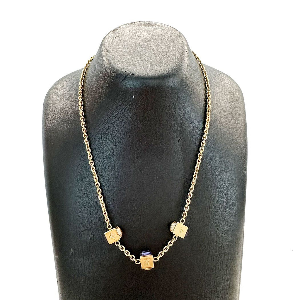 Louis Vuitton Necklace Collier Gamble Gold Blue Stone Cube Simple — view 6