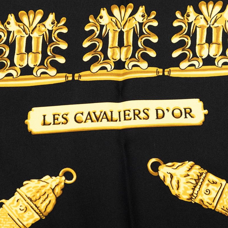 Hermes Carre 90 les Cavaliers D'or Yellow Gold Knight Scarf Black Silk — view 3