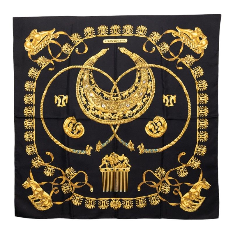 Hermes Carre 90 les Cavaliers D'or Yellow Gold Knight Scarf Black Silk