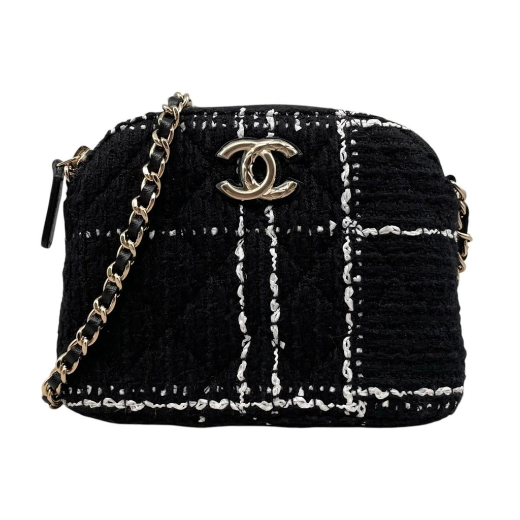 Chanel Shoulder Bag Tweed Chain CC Logo Black White Gold