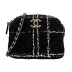 Chanel Shoulder Bag Tweed Chain CC Logo Black White Gold