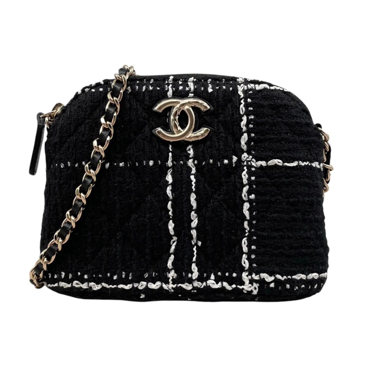 Chanel Shoulder Bag Tweed Chain CC Logo Black White Gold