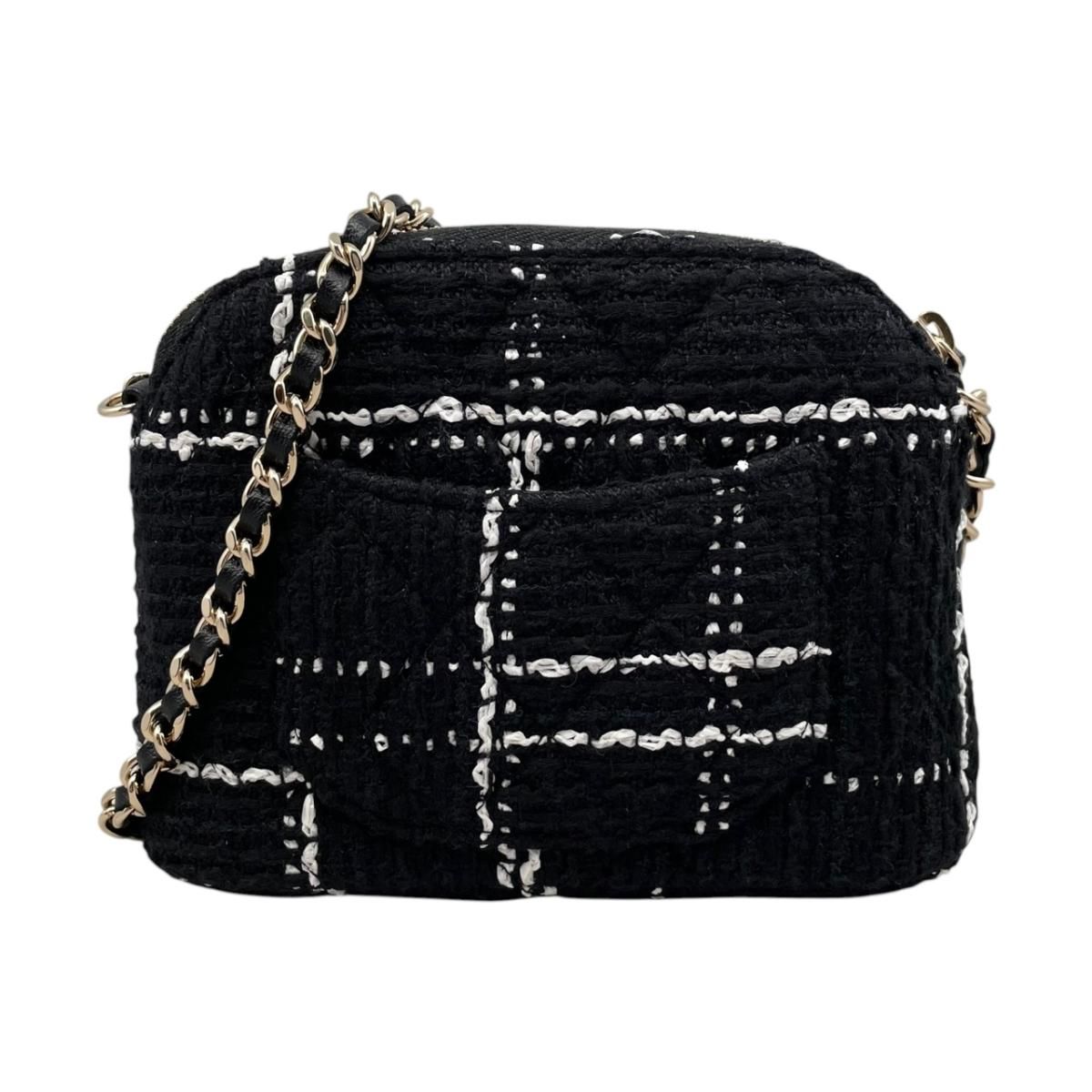 Chanel Shoulder Bag Tweed Chain CC Logo Black White Gold — view 2